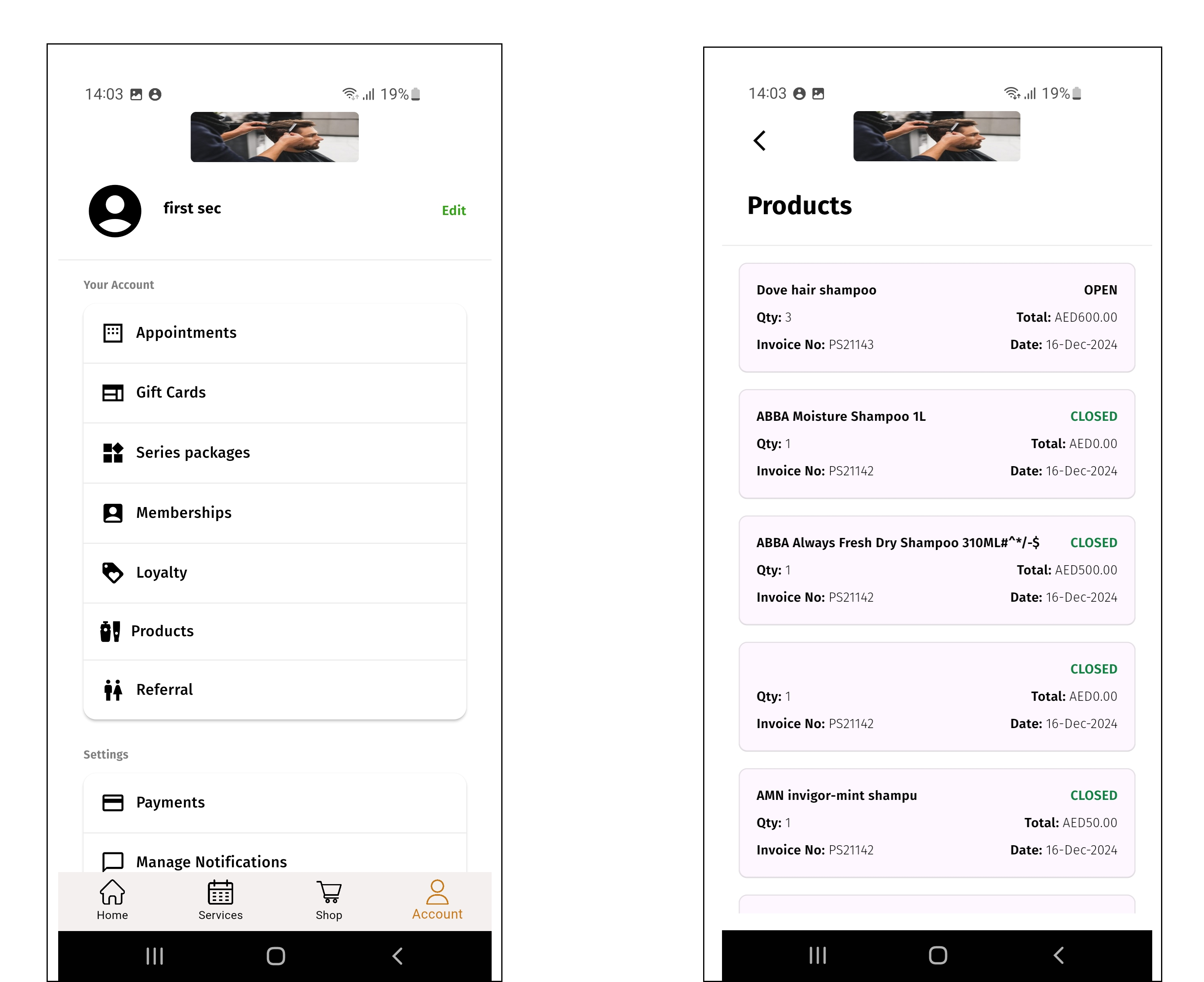 Expanded Products menu