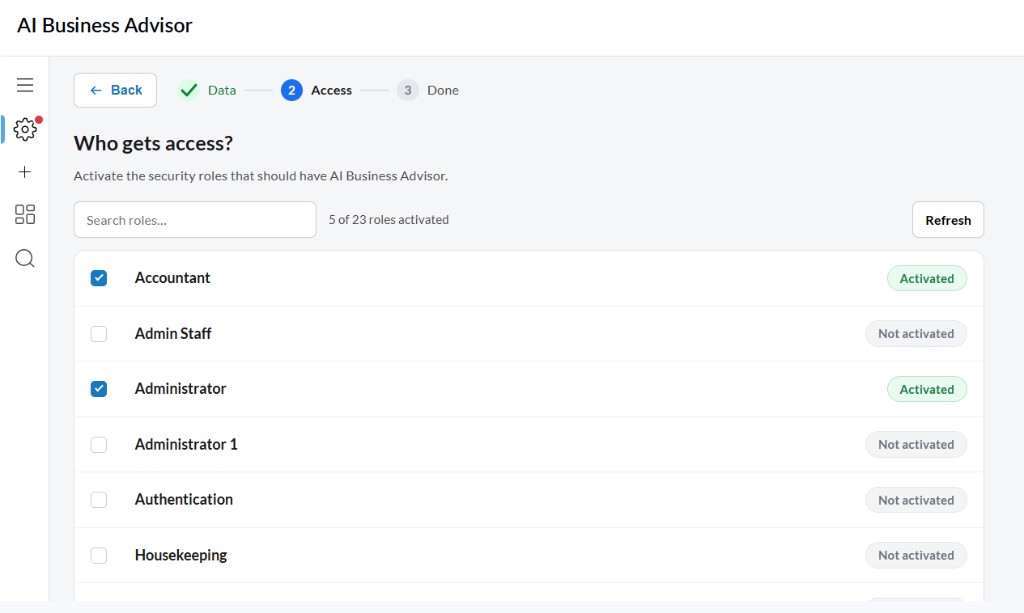 AI Business Advisor access settings showing employee security roles and their activation status